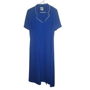 Vintage Size 16 Leslie Fay Dress Blue White Trim Short Sleeve Midi Back tie NICE